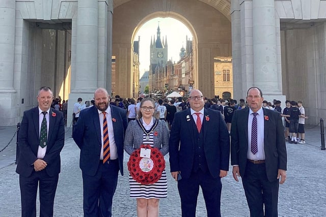 Deputy Lord Mayor Johnston, Aldermen Ian Burns, Mark Baxter, Gordon Kennedy and Councillor Peter Haire pictured during wreath-laying ceremony at the Menin Gate in Ypres, Belgium.