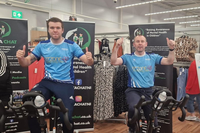 At the Cycle for Charity event in Portadown's Asda, the Just A Chat charity team had a competition open to all local clubs and groups – a team of 2 cycled for 15 minutes and whatever team cycled the most miles won a £300 sponsorship package for new equipment. This was won by local charity The Fitzone Foundation based in Legahory, Craigavon.