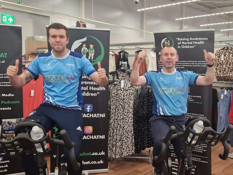 At the Cycle for Charity event in Portadown's Asda, the Just A Chat charity team had a competition open to all local clubs and groups – a team of 2 cycled for 15 minutes and whatever team cycled the most miles won a £300 sponsorship package for new equipment. This was won by local charity The Fitzone Foundation based in Legahory, Craigavon.