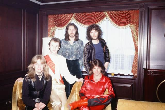 Judas Priest pictured during an interview and photo session for Music Life magazine in Tokyo, Japan, July 1978. Included are KK Downing, Rob Halford, Ian Hill, Les Binks, Glenn Tipton. Picture: Koh Hasebe / Shinko Music / Getty Images.