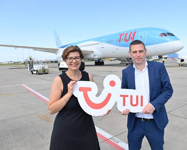 Pictured at Belfast International Airport with TUI’s own Boeing 787 Dreamliner are (l-r) Deborah Harris, PR & Marketing Manager, Belfast International Airport and Craig Morgan, Head of Ireland for TUI.  Picture: TUI