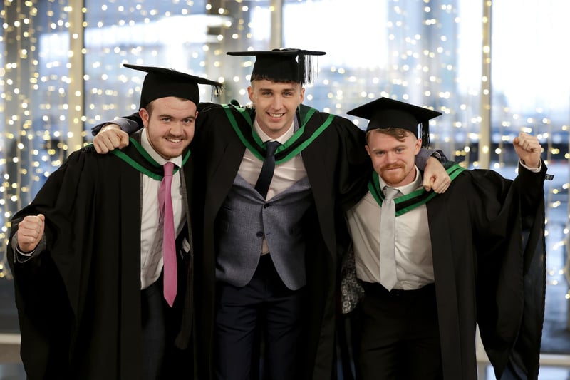 William Quinn from Lisburn, Rory McKerwin from Hiltown and Lewis Adger from Ballymena graduate from Ulster University with BSc (Hons) in Accounting at the Winter Graduation Ceremony at the Waterfront Hall, Belfast.