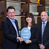 David Roberts, Director of Destination Development at Tourism NI, Paula Keane, General Manager at the Ivanhoe Hotel and Wallace Dunne, Deputy General Manager at the Ivanhoe Hotel, pictured after the hotel was awarded four stars by the Tourism NI Quality Grading Scheme.  Pic credit: Darren Kidd