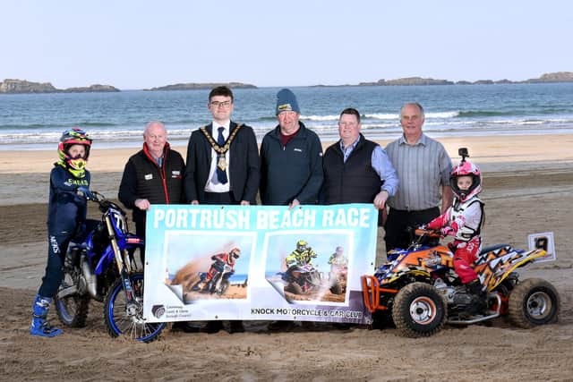 Mayor of Causeway Coast and Glens, Councillor Ciarán McQuillan pictured with Mervyn Whyte, North West 200 Event Director, members of Knock Motorcycle and Car Club, and local riders, at the launch of the new NW200 Beach Races taking place on East Strand, Portrush on Friday, May 9. CREDIT CCGBC