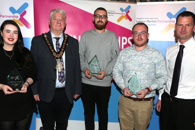 Mayor of Causeway Coast and Glens, Councillor Steven Callaghan alongside Aine O’Loan, Ryan Buckley, Brandon Hughes and John Flood from Skilled NI.