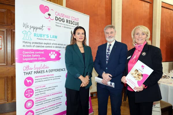 Barrister and Founder of Ruby’s Law, Christina Warner with Paul Frew MLA and Tara Cunningham, Causeway Coast Dog Rescue, at Stormont during CCDR's Animal Welfare Conference, Legislation into Action and launch of their Manifesto, where the announcement was made about Ruby’s Law coming into Northern Ireland, supporting victims and survivors of domestic violence and coercive control with their animals.