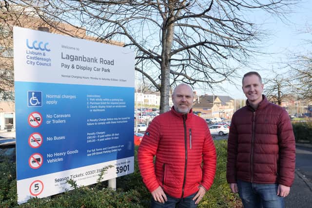 Chair and Vice Chair of Environmental Services, Councillor Martin Gregg (L) and Councillor Caleb McCready (R) are pictured at Laganbank Road Car Park in Lisburn