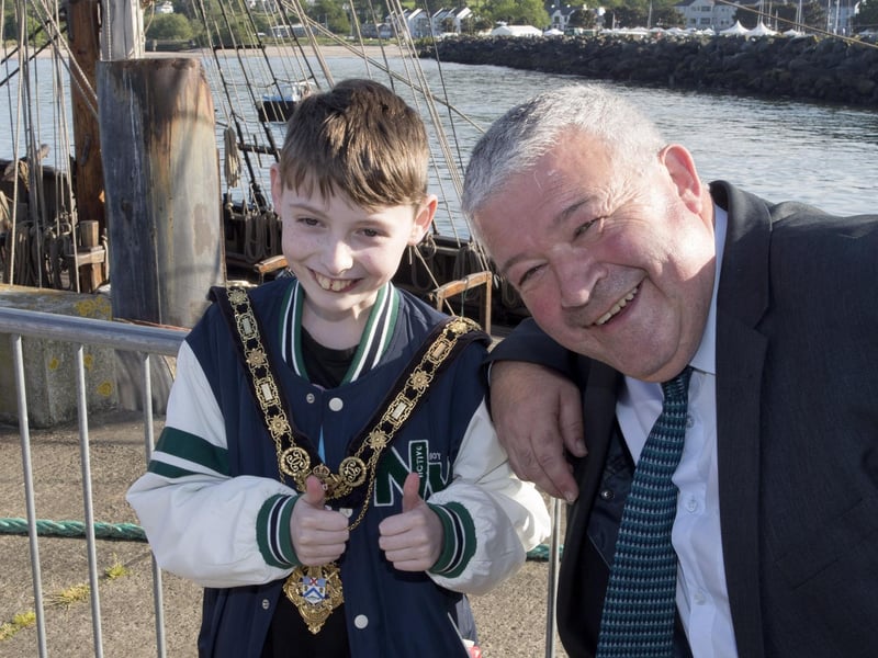 Cllr Ivor Wallace Mayor of Causeway Coast and Glens Borough Council shares his chain with Pauric Toner at the Blessing of the Boats at Ballycastle on the first day of the Rathlin Sound Maritime Festival on Friday.