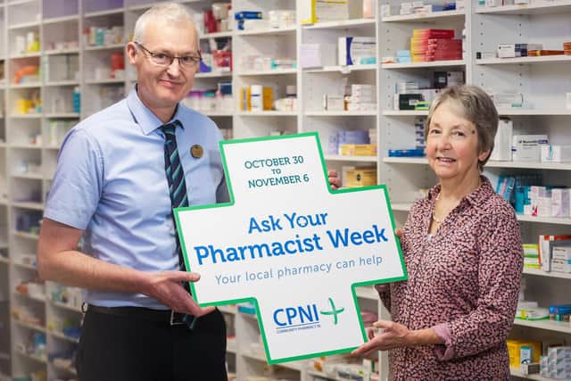 Joan Johnston with Community Pharmacist Stephen Joyce from Boots, Moira. Pic credit: Brian Thompson