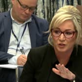 First Minister Michelle O'Neill appearing before the committee where she faced questions about recent controversies in Sinn Fein, and repeatedly refused to answer them. Photo:Northern Ireland Assembly/PA Wire