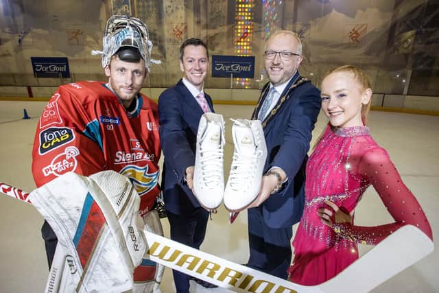 Marking the multi-million pound investment in Dundonald International Ice Bowl are: (l-r) Andrew Dickson, Goaltender for Belfast Giants; David Burns, Chief Executive of Lisburn & Castlereagh City Council; Mayor of Lisburn & Castlereagh City Council, Councillor Andrew Gowan and Jodie Dowling from Lisburn, competitive figure skater.  Photo: McAuley Multimedia
