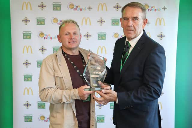 ‘Wes Gregg Coach of the Year’ Chris Finlay and Kenny Shiels, Manager of the Northern Ireland Women’s National Football Team at National Football Stadium - Windsor Park.
Photograph by Declan Roughan, Press Eye