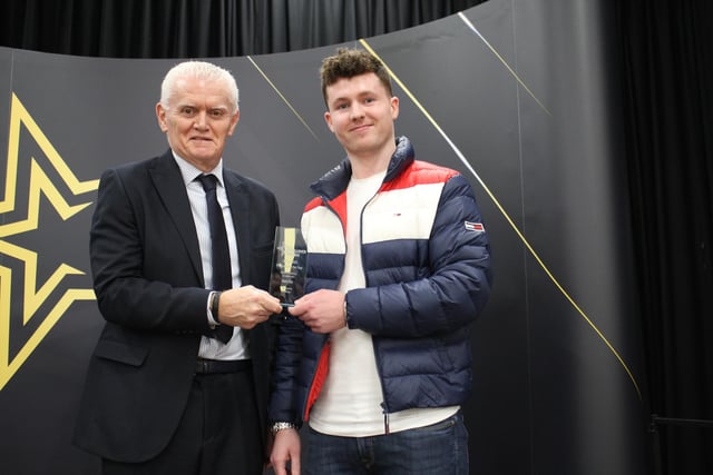 Mark Ellis, FE Student of the Year for  School of Performing & Creative Arts received his award from Kieran Adams, Managing Director – Social Housing, Greenview