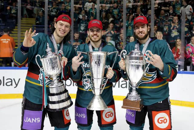 Belfast Giants team celebrate the 'treble' after being crowned Elite Ice Hockey League Champions, Challenge Cup Champions and the EIHL Playoffs Champions at the Motorpoint Arena, Nottingham.     Photo by William Cherry/Presseye