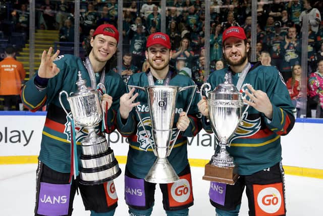 Belfast Giants team celebrate the 'treble' after being crowned Elite Ice Hockey League Champions, Challenge Cup Champions and the EIHL Playoffs Champions at the Motorpoint Arena, Nottingham. Photo by William Cherry/Presseye