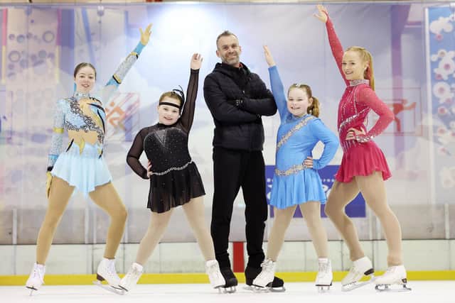 Former Olympian and Dundonald International Ice Bowl based coach Kevin Van der Perren, pictured with skaters (L-R) Madison Moore (Comber), twins Emily and Katie Young (Belfast) and Jodie Dowling (Lisburn), following their recent competition success at Blackburn Opens.