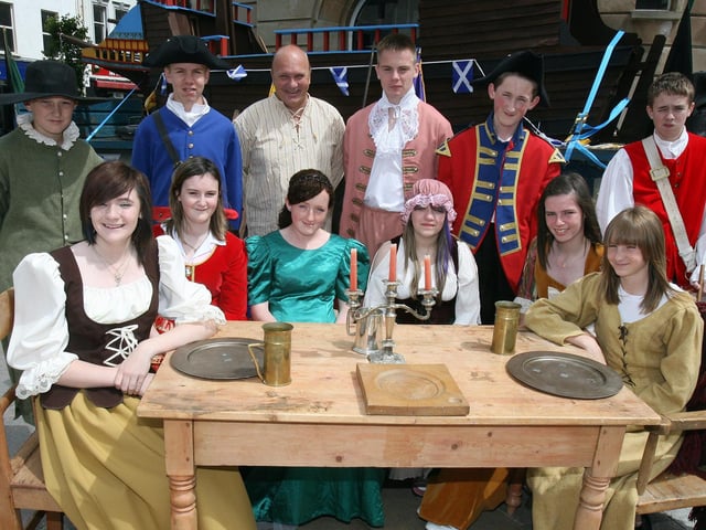 George Dallas and pupils of Coleraine High School and Limavady High School who performed a 'Reenactment of life in the Plantation' in Coleraine town centre in 2010 as part of the Coleraine Twelfth Festival.