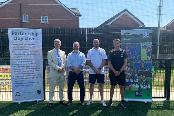 Representatives from Laurelhill Community College, Ballymacash Rangers and Ballymacash Sports Academy help to launch the new partnership. Pic credit: Ballymacash FC