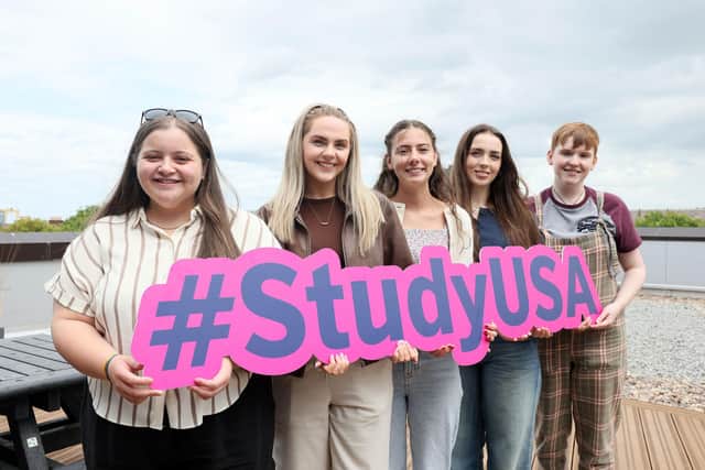 From left: Sarah MacFarlane (Ballymena), Ellie Mayne (Antrim), Sarah Donaghy (Antrim), Katie McClean (Antrim) and Emily McCaughey (Ballymena) are set for a year in the US through the British Council’s Study USA programme.