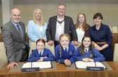 Deputy Lord Mayor, Cllr Kyle Savage hosted a reception in Craigavon Civic Centre for members of the School Council of Bocombra Primary School, included is Principal Mark Vallelly and P5 Teacher Emma Craig and Cllrs Julie Flaherty and Kate Evans.