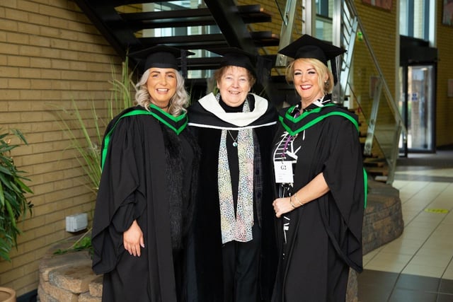 South West College (SWC) Omagh graduates Shauna Crawford from Omagh (Left) and  Karen Devlin from Cookstown (right), with Briege Reynolds their tutor (middle) celebrating their achievements on the Ulster University Foundation Degree in Integrative Counselling Practice.