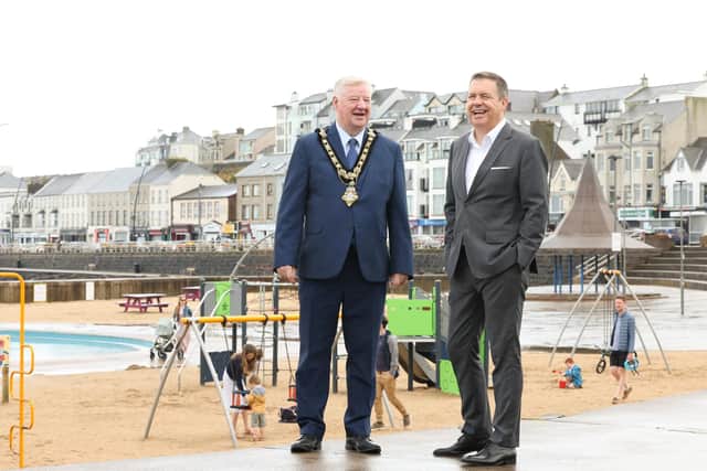 Causeway Coast and Glens businesses are featuring strongly in the High Street Heroes awards shortlist. Pictured with Retail NI chief executive Glyn Roberts is Mayor of Causeway Coast and Glens Cllr Steven Callaghan. Credit LK Communications