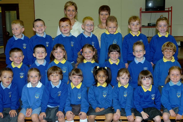 P1 pupils from Magherafelt Primary School line up for camera on their first day of school life back in 2007.
