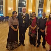 Celebrating Moon Festival are Bonnie Cooper, Wee Tea House, Mayor of Causeway Coast & Glens Council Cllr Steven Callaghan, Indu and Naresh Jairath, Claire Louise McBride. Credit MW Advocates