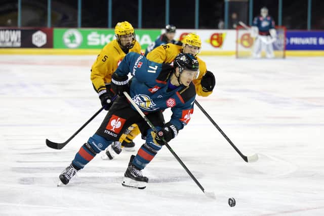 Belfast Giants' Tyler Soy with Skelleftea’s Axel Sandin-Pellika and Linus Lindström during Tuesday’ Champions Hockey League game at the SSE Arena, Belfast. Photo by Darren Kidd/Presseye