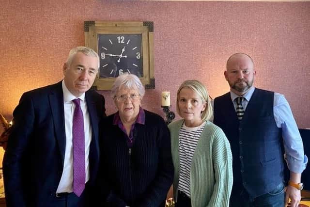 Family members of Glenn Quinn, including his mother Ellen, brother Martin, and sister Lesley Murphy with PSNI Chief Constable Jon Boutcher.  Photo: Lesley Murphy