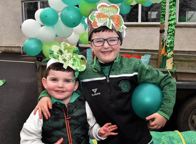 Enjoying the St Patrick's Day celebrations in Derrymacash are Enan (3) and Cian (7) Mulholland. LM12-221.
