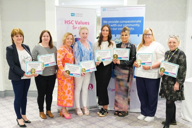 Members of the Garvagh Double Team who were joint highly commended in the Homecare Team of the Year category, Helen Monahan, Rosemary Martin, Lorraine Platt, Valerie McNally, Lucy McLean, Zara McCloskey, Bernie Robinson and Sharon Murphy.