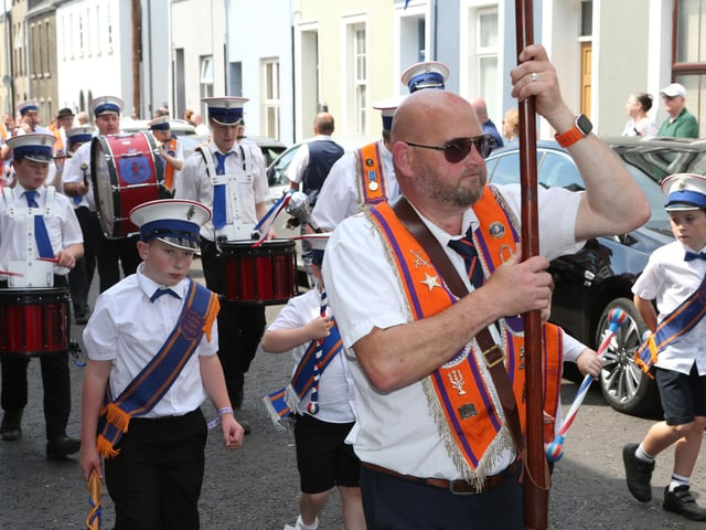 Ballymoney, Rasharkin, Cloughmills, Bushmills and Ballycastle were in attendance at the Twelfth demonstration in Ballymoney with a total of 43 Lodges and 22 bands.