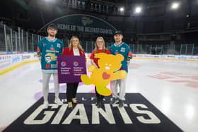Zak Galambos, defenceman, Belfast Giants, Lauren Doherty, interim director of commercial and brand development, Northern Ireland Hospice, Lynn Cowan, fundraising manager, Children’s Heartbeat Trust, and Bobo Carpenter, forward, Belfast Giants