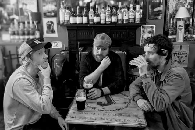 Lurgan musician Stevie Scullion with his band 'The Breeze' including Chris Coll (Lost In The Fog), Decky McManus (The Basement). The trio are pictured in Maddens Bar, Belfast. Photo by Niall Taggart