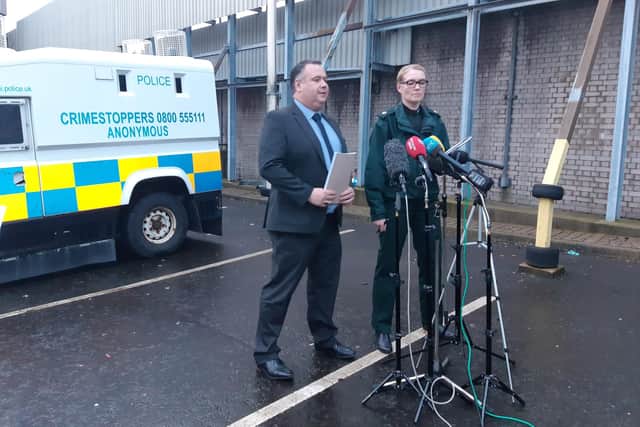 Superintendent Kellie McMillan, local commander for Armagh, Banbridge & Craigavon Policing District and Senior Investigating Officer, Detective Chief Inspector John Caldwell speaking at Lurgan Police Station following the murder of Shane Whitla (39).