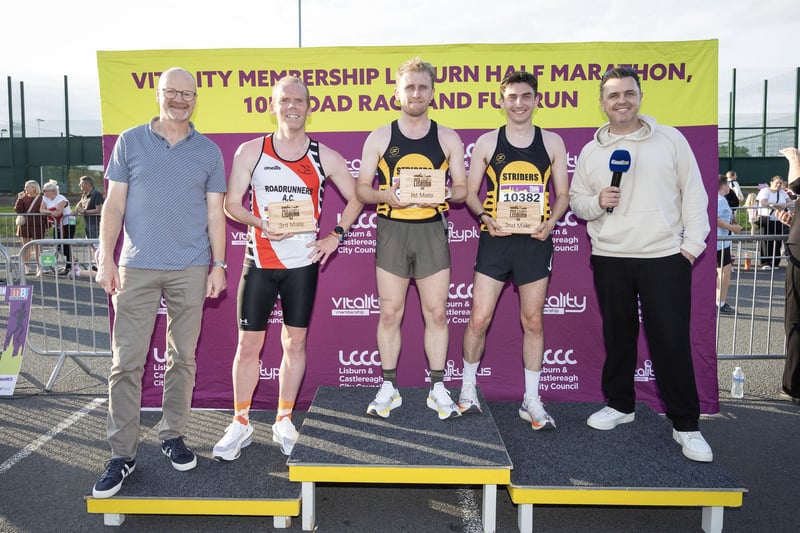 The top 3 finishers in the men’s 10K. Cameron Stewart (1st),Brandon McKeown (2nd) and Noel McNally (3rd) with Councillor Tim Mitchell and Cool FM’s Pete Snodden