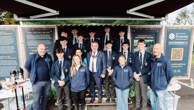 Pupils from St Mary’s Grammar School, Magherafelt are pictured at the GeoEnergy Discovery Centre with Chair Councillor Eugene McConnell and GeoEnergy NI ambassadors.