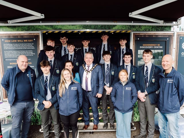 Pupils from St Mary’s Grammar School, Magherafelt are pictured at the GeoEnergy Discovery Centre with Chair Councillor Eugene McConnell and GeoEnergy NI ambassadors.