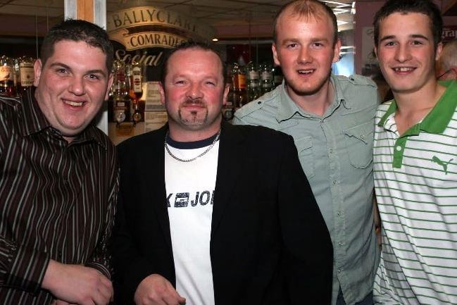 Ballyclare Comrades members David Authurs, Jamies Kirk, Craig Gilmour and Taylor Kirk all having fun at the charity night for the Alzheimer's Society at Ballyclare Comrades FC Social Club in 2006.
