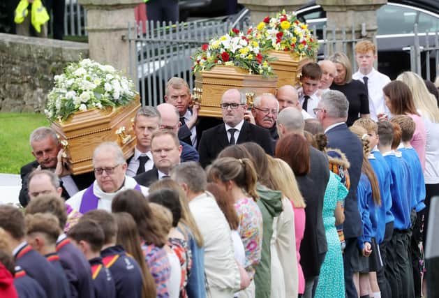 Service Of Removal at St Mary’s Church in Maguiresbridge, Co. Fermanagh, for 45-year-old Vanessa Whyte and her children James Rutledge(14) and Sara Rutledge(13). They are to be buried in Co Clare on Saturday. Picture by Jonathan Porter/PressEye