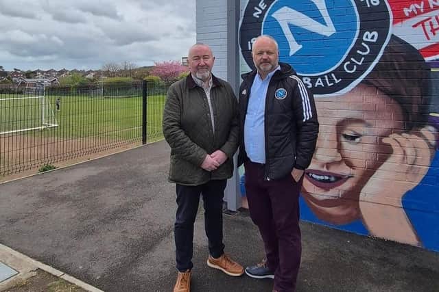 Councillor Brian Higginson and Newtownbreda FC representative Michael Willis discuss club concerns over priority booking of council pitches. Pic credit: LDRS