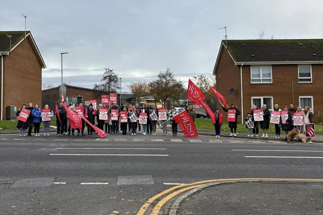 On the picket line outside CEARA Special School in Lurgan, Co Armagh. Hundreds of school support staff from unions such as Unison, Unite, GMB and NIPSA joined the strike on the second day in what will be one of the biggest strikes among non-teaching unions in years. The ongoing industrial dispute is over the failure to deliver a pay and grading review to education workers as part of a negotiated resolution of the 2022 pay dispute.