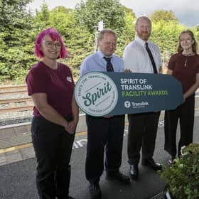 Staff at Portadown train station are celebrating after winning a Gold SPIRIT of Translink Facility Award 2026, following strong competition among 36 facilities across the network. Delivered in partnership with Live Here Love Here, the Awards recognise outstanding environmental performance, safety standards and community engagement. Celebrating the Gold Award at Portadown Station are (L-R): Jenny Morrison (Live Here Love Here), Anthony Cavanagh (Translink), Andrew Bowden (Translink), Rachel McCann (Translink), Dylan Davidson (Translink). Picture: Brian Thompson
