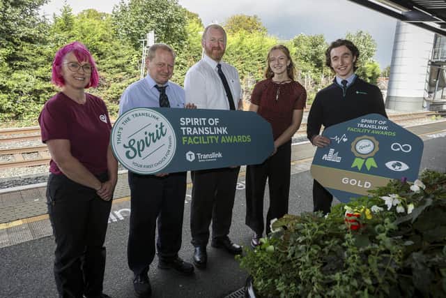 Staff at Portadown train station are celebrating after winning a Gold SPIRIT of Translink Facility Award 2026, following strong competition among 36 facilities across the network. Delivered in partnership with Live Here Love Here, the Awards recognise outstanding environmental performance, safety standards and community engagement. Celebrating the Gold Award at Portadown Station are (L-R): Jenny Morrison (Live Here Love Here), Anthony Cavanagh (Translink), Andrew Bowden (Translink), Rachel McCann (Translink), Dylan Davidson (Translink). Picture: Brian Thompson