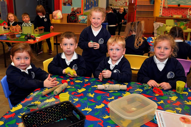 Creating shapes with Play Doh at Portadown Integrated Primary School Nursery Unit are pupils from left, Matilda, Josh, Fiadh, Thomas and Sophia. PT42-301.