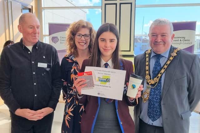 Georgia, from Dalriada School, winner of the Senior category, pictured with James McMichael from Co-Op, Fiona Watters, Causeway Coast and Glens Borough Council, and the Mayor, Councillor Ivor Wallace