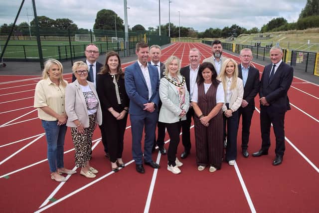 Mid Ulster Chair Councillor Deirdre Varsani with other dignarties who attended the official opening of the new facilities at Mid Ulster Sports Arena, Cookstown | Supplied