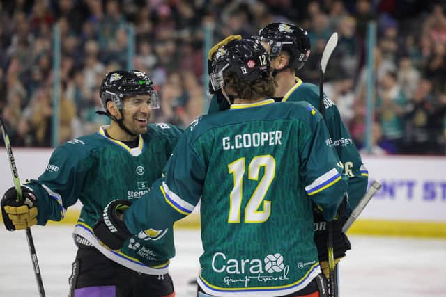 Belfast Giants All Stars’ Grant Cooper celebrates scoring against Dnipro Kherson during Wednesday’s game at the SSE Arena, Belfast in support of Ukrainian Hockey Dream.   All of the proceeds from the game's ticket sales will be donated to the Ukrainian Hockey Dream in support of their continued work to reinstate ice hockey throughout Ukraine.    Photo by William Cherry/Presseye