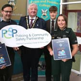 Pupils from Cross and Passion Secondary School with PCSP member Councillor Lee Kane, Mayor of Causeway Coast and Glens, Councillor Steven Callaghan and PSNI Officer Constable Robyn O’Connor. Credit Causeway PCSP